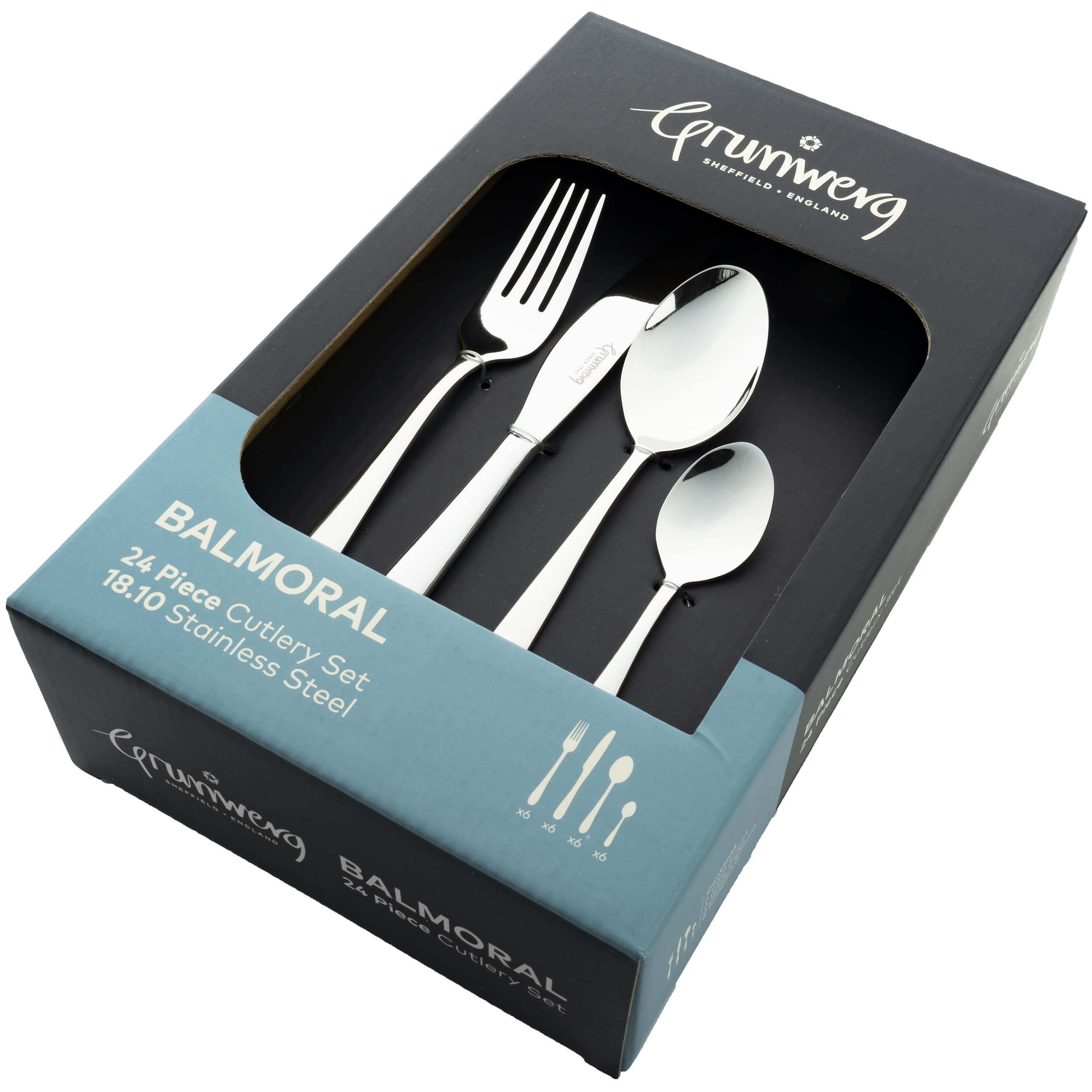 Grunwerg Balmoral 24 Piece Boxed Mirror Cutlery Set, 18/10 Stainless Steel, 6 x Table Knives, Table Forks, Dessert Spoons, Teaspoons, Silver