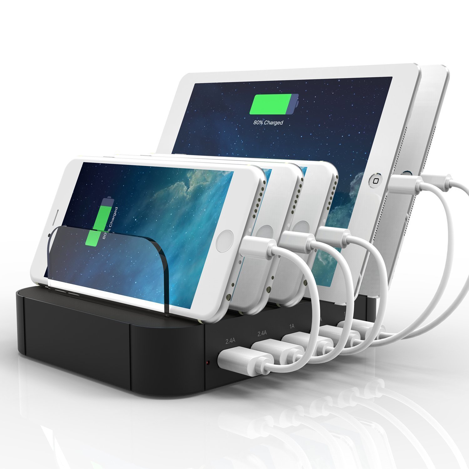 LENPOW 5-Port USB Charging Station Dock Organizer 30W/Max 2.4A Detachable Universal USB Charger Multi devices Desktop charging Stand, iSmart Tech, Innovative Removable Baffles for iPhone iPad Tablets