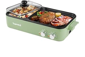 Topwit Hot Pot Electric with Grill, 2 in 1 Indoor Non-Stick Electric Pot and Griddle for Korean BBQ, Steaks, Shabu Shabu and Noodles, Independent Dual Temperature Control, Fast Heating, Green