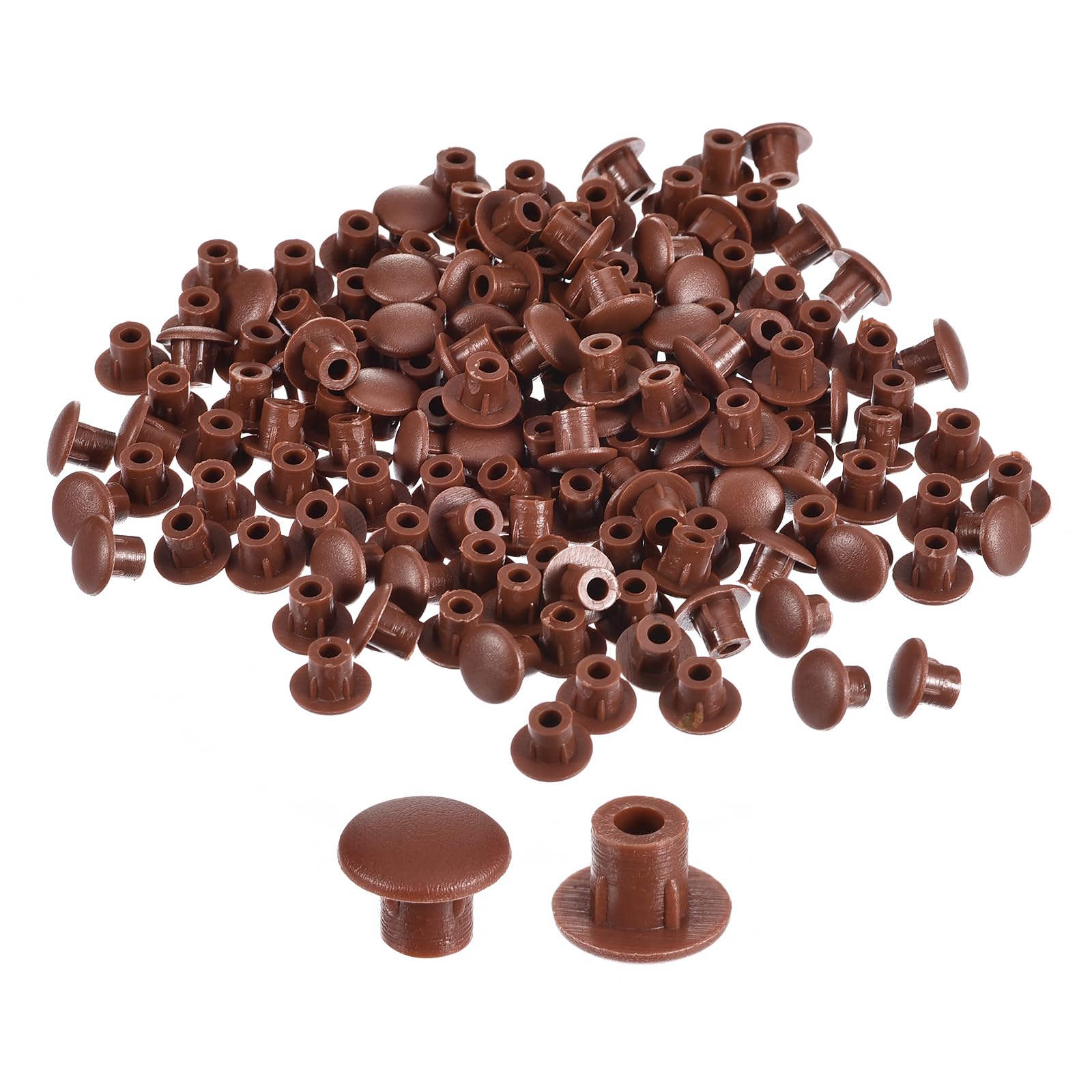 Photo 1 of uxcell 200Pcs Screw Hole Plugs, 5mm(3/16") Dia Plastic Snap in Shelf Button Flush Type Caps for Furniture Cabinet Cupboard, Red Brown