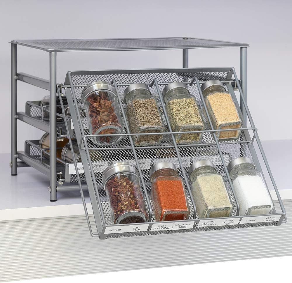 NEX Spice Rack Organizer for Cabinet, 3 Tier 24-Bottle Spice Drawer Storage for Kitchen Pantry Countertop, Metal, Silver: Home Improvement