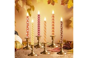 6 Pcs Fall Flameless Taper Candles 8.7 Inch Orange Yellow Brown Candles Thanksgiving Battery Operated LED Candlesticks for Th