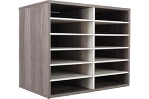 TQVAI Wood Adjustable Literature Organizer Desktop File Sorter Mail Center Paper Storage Cabinet Home & Office Mailbox School Classroom Keepers, 12 Slots Compartments, Retro Grey/White