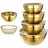 DORMIYA 5 PCS Golden Mixing Bowls, Stainless Steel Salad Bowls with Airtight Lids, Mirror Finish Nested Mixing Bowl Set with Mesh Strainer, 4 Bowl Sizes for Baking, Meal Prep, Food Serving