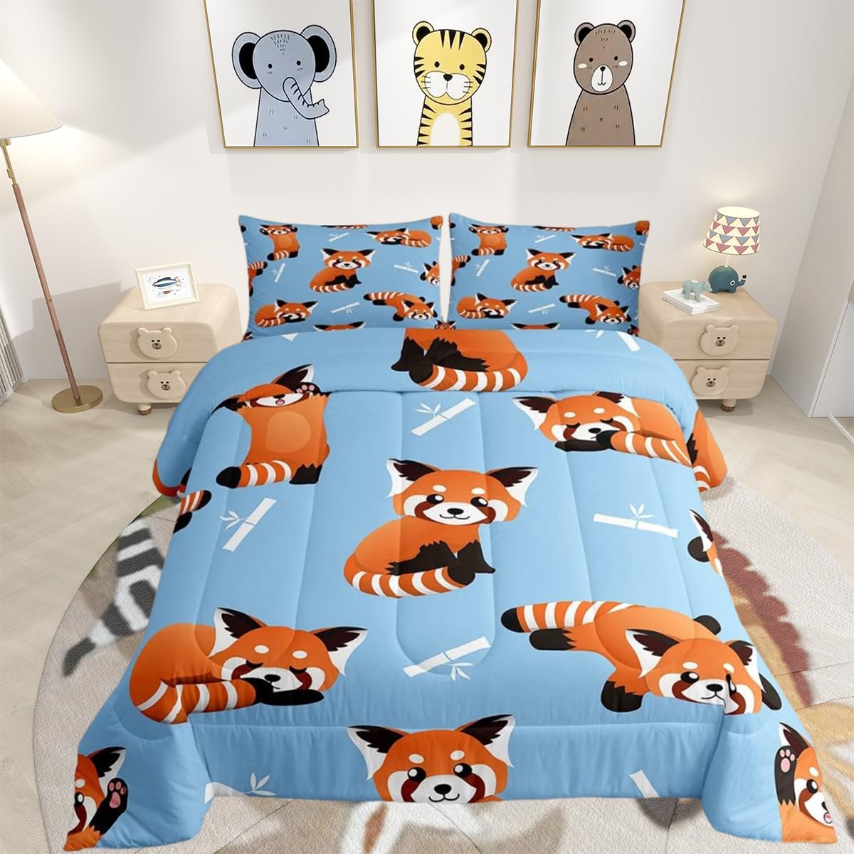 Red Panda Bedding Set Cute Animal Pattern Duvet Insert for Kids Boys Girls Cartoon Panda Duvet Cover Wildlife Style Quilted Child Toddler Single Size Blue — image 1