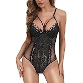 Parthenope Lingerie for Women Snap Crotch Sexy Lace Bodysuit One Piece Deep V Neck Teddy Lingerie Babydoll, Black