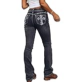 Flamingals Embroidered Bootcut Jeans for Women Mid Rise Stretchy Criss Cross Graphic Curvy Bell Bottom Jeans