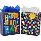 SUNCOLOR 2 Pack 13" Large Gift Bag with Tissue Paper for Him (Happy Birthday)