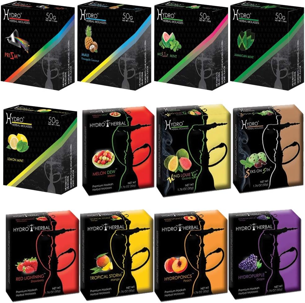 Amazon Com Hydro Herbal Hookah Shisha Flavors Tobacco Nicotine Free Fruit Variety Pack 50 Gram Pack Of 12 Health Personal Care
