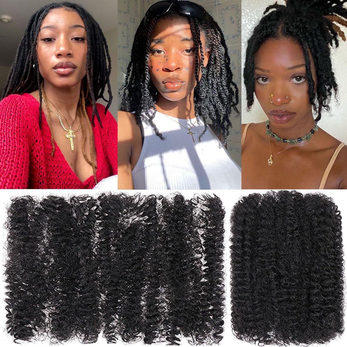Kackanaa 16 Inch Afro Kinky Curly Braiding Hair for Dreadlock Extensions - 3 Packs Black Marley Twist Bulk for Mini Twist Repair Locs Springy Afro Hair, 30g/Pack — image 1