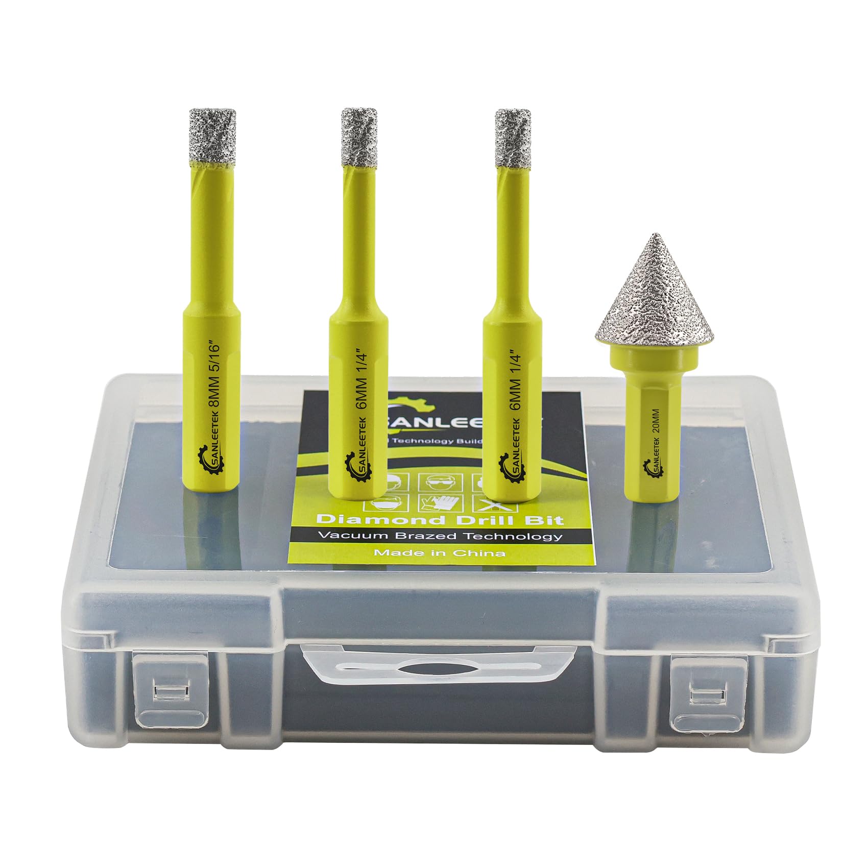 Diamond Core Drill Bits Set - 4pcs 6/6/8mm Hole Saw with Triangle Shank+1pc 20mm Hex Shank Beveling Chamfer Bit SANLEETEK for Porcelain Ceramic Tile Marble Granite Artificial Stone