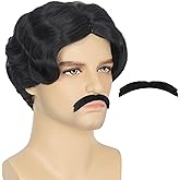 Miss U Hair Men's Black Short Wavy Wig and Fake Mustache Middle Part Funny Retro Cosplay Party Wig