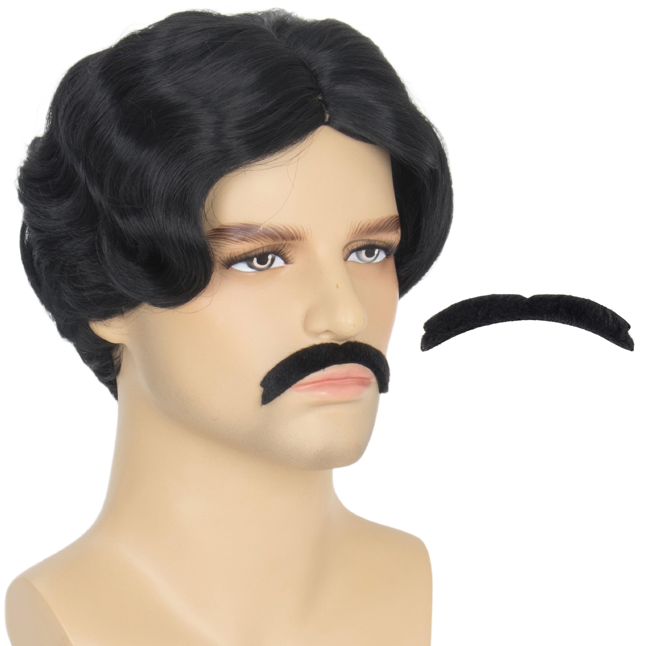 Photo 1 of Miss U Hair Men's Black Short Wavy Wig and Fake Mustache Middle Part Funny Retro Cosplay Party Wig