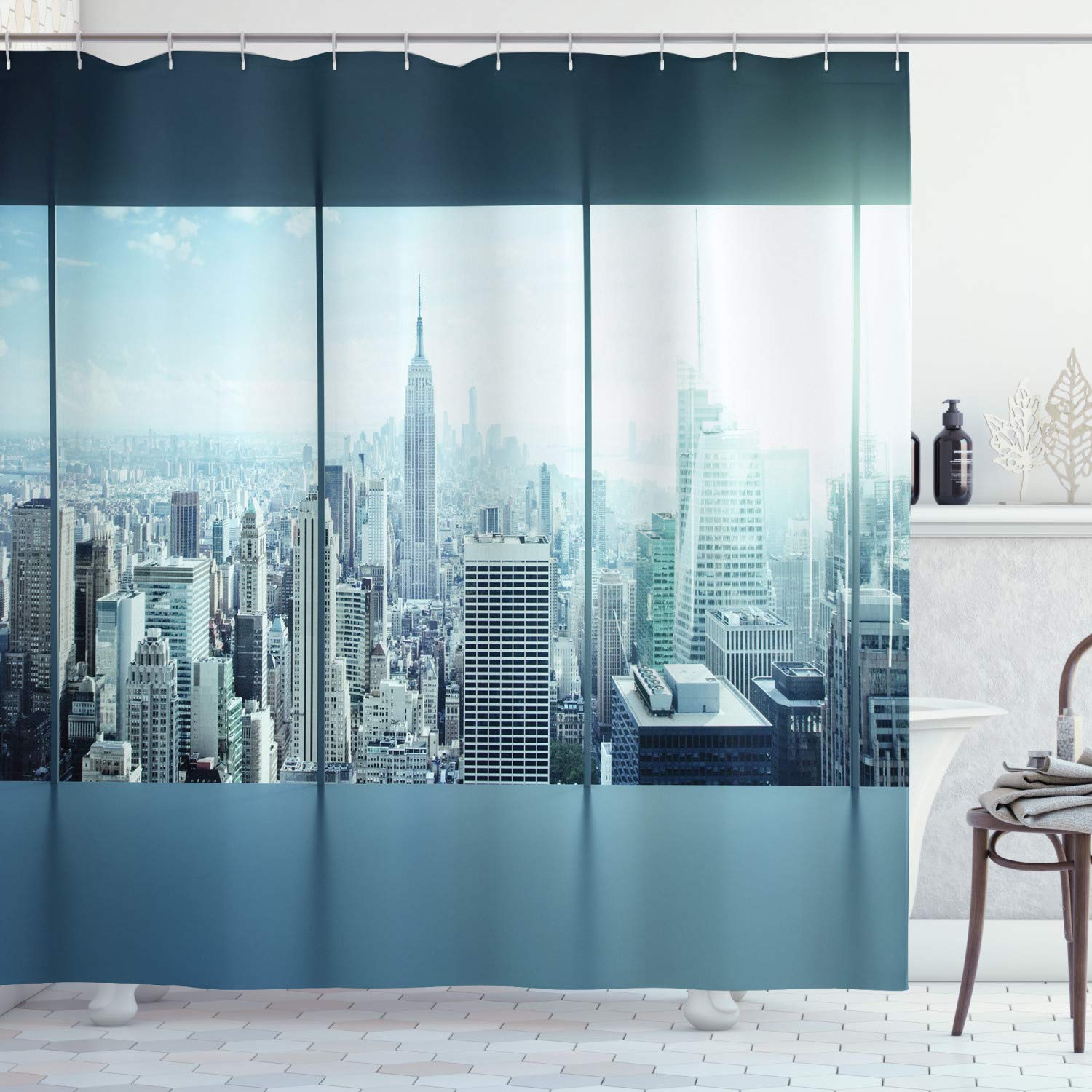 ABAKUHAUS New York Shower Curtain, Aerial View of a Big Crowded Modern City from the Office New York Buildings Urban, Cloth Fabric Bathroom Decor Set with Hooks, 175 x 220 cm, Sky Blue — image 1