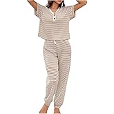 WDIRARA Women's Striped 2 Piece Pajama Set Short Sleeve Button Pants Pjs Sleepwear