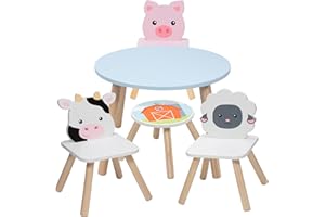 SVAN Kids Wooden Animal Table & Chair Set w 3 Seats (Cow Pig Sheep) & Adult Stool for Arts Crafts, Dining, Pretend Play- Durable Playroom Furniture for Home, Daycare, Classroom for Toddlers to Big Children