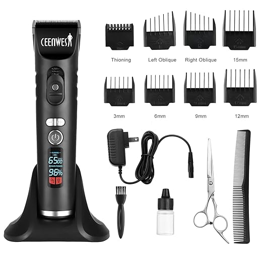 Ceenwes Hair Clippers Heavy Duty Rechargeable Hair Trimmer Cordless Clippers Hair Cutting Kit with Charging Dock, 8 Guide Combs, Scissors, Comb (Black)