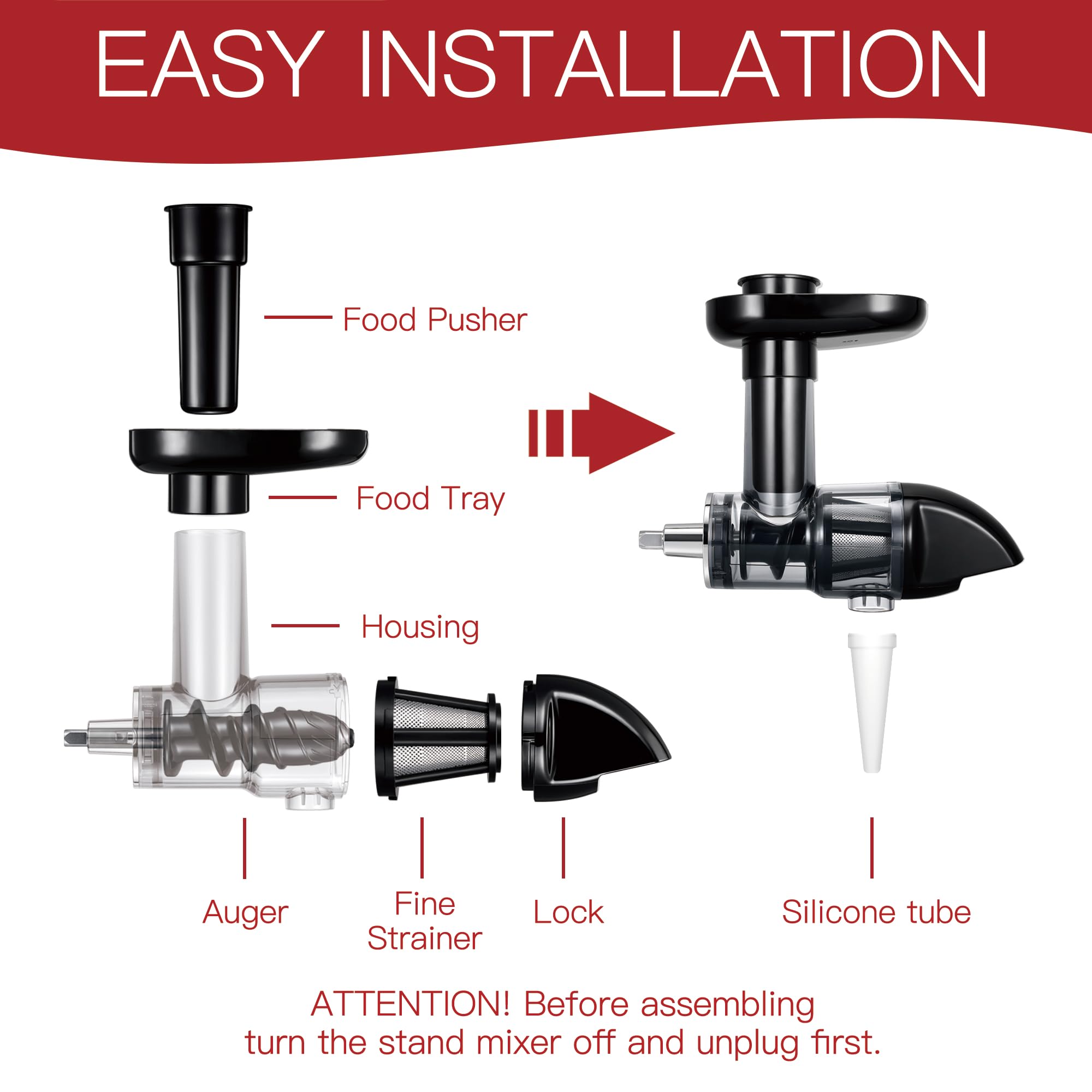 Masticating Juicer Attachment for KitchenAid Stand Mixers, Slow Juicer Attachment for Kitchenaid, Cold Press Juicer Attachment for Kitchenaid, Black(Mixer Not Included)