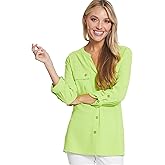 MULTIPLES Womens Cuffed Tab Three Quarters Sleeve 2-Pocket Band Collar Button Front Shirt