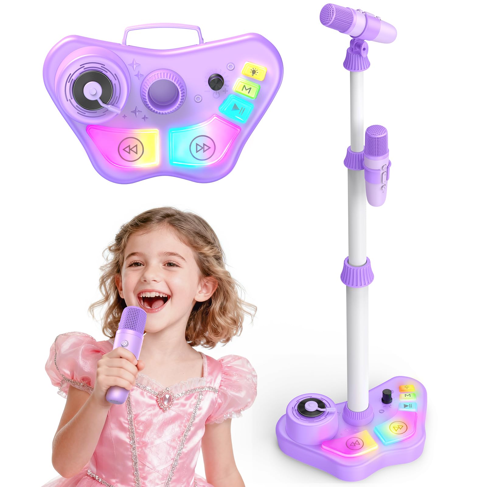 Kids Stand Rechargeable Karaoke Machine Toys with 2 Wireless Mic, Microphone Gifts for 3 4 5 6 7 8 Year Old Girls Grandkids, Bluetooth Speaker with LED Lights Birthday Gift for Age 3-8
