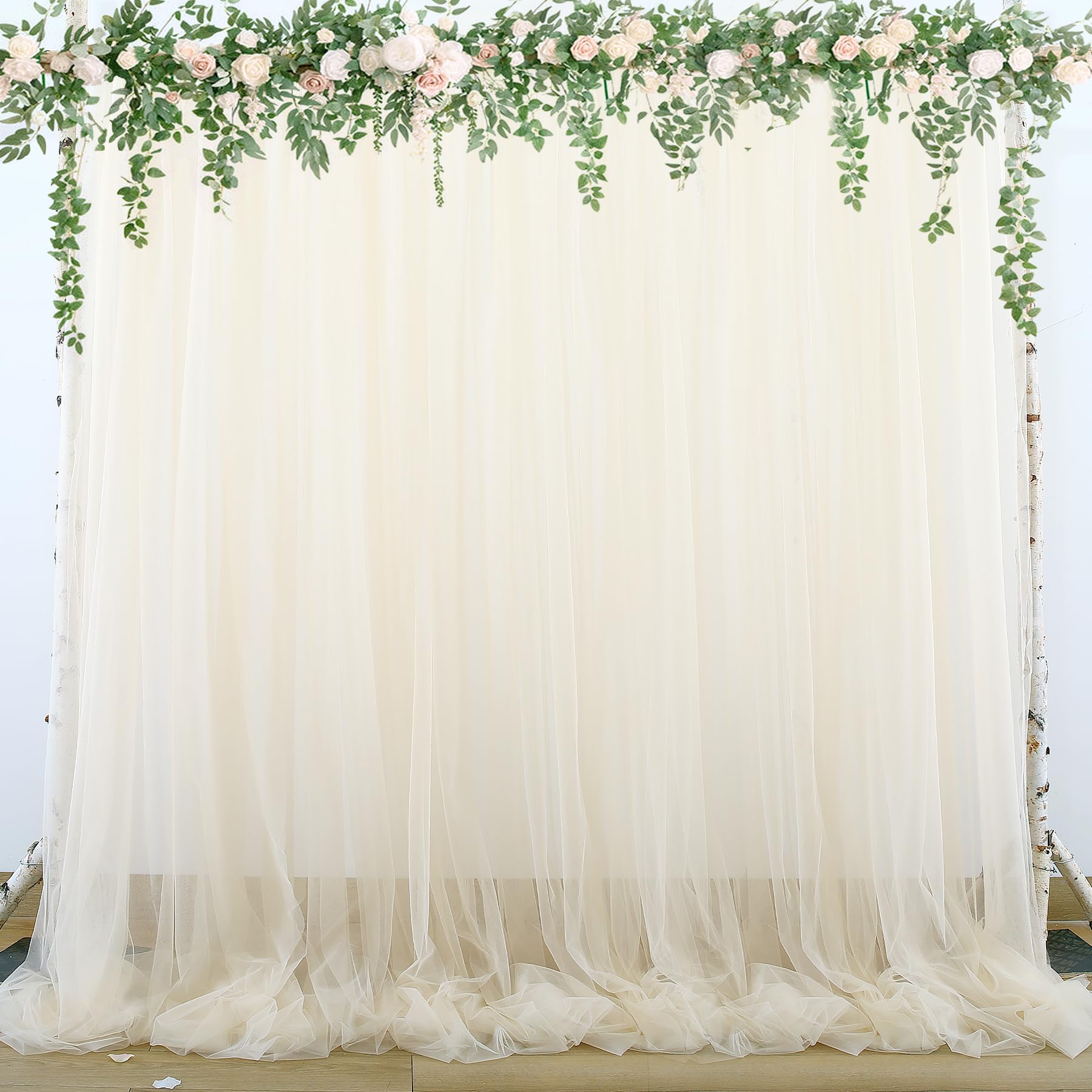 Photo 1 of Champagne Tulle Backdrop Curtain for Parties Wedding 10ft×8ft Champagne Sheer Backdrop Curtains for Baby Shower Bridal Shower Reception Birthday Party Photoshoot Decorations 2 Panels 5ft × 8ft