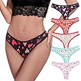 Morvia 5pcs Women Sexy Coquette Contrast Lace Trims Heart Floral Print Thongs Cute Valentine's Day Comfy Intimates Panties