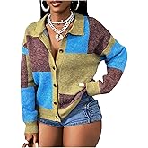 SOLY HUX Women's Color Block Cardigan Sweater Button Down Long Sleeve Collared Sweaters Fall Winter Clothes