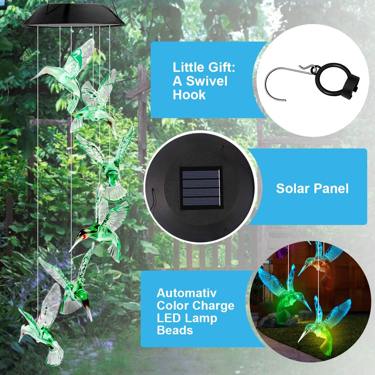 Solar Hummingbird Wind Chimes, Color Changing Mobile LED Solar Wind Chime, Mom/Grandma Birthday Gifts, Outdoor Waterproof Mobile Hanging Solar Lights for Porch, Patio, Yard, Garden Decor : Garden & Outdoor