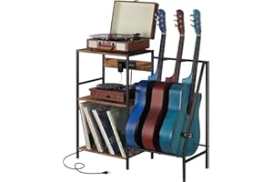 CADUKE Record Player Stand 3 Tier Vinyl Storage Table with Guitar Holder Rack, Turntable Stand with Charging Station and Record Organizer, Guitar Bass Display Stands for Multiple Guitars Accessories, Brown
