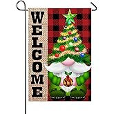 Christmas Tree Gnome Garden Flag for Outside 12x18 Double Sided Small Buffalo Plaid Xmas Tree Ornaments Banner Welcome Winter Yard Flag Merry Christmas Decorations Seasonal Outdoor Porch Yard Decor