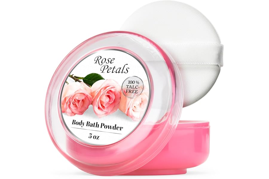 R-NEU Body Powder for Women with Powder Puff, 100% Talc-Free, Elegant Rose Petals Scented Dusting Powder, After Bath for Soft Skin, Extra Large, 1 Pack (5oz)