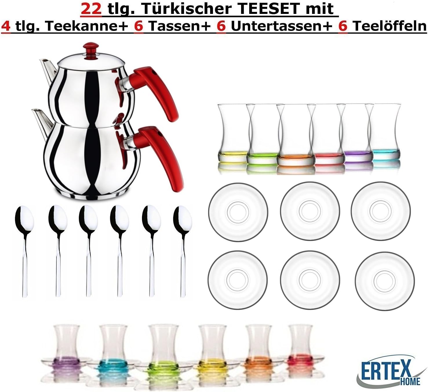 Original Turkish Tea Set, 22 Piece/6 Colourful Glasses/6 Spoons/6 Saucers/4 Piece Kettle Teapot Set, Size: Mini (1.2 and 0.6 Litres)