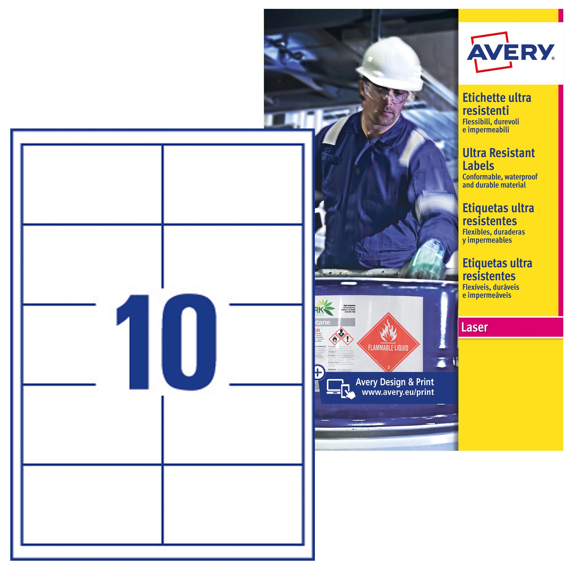 Avery B7173-50 Extra Strong Adhesive, Ultra Heavy Duty Industrial Waterproof GHS Labels, 10 Labels Per A4 Sheet, White