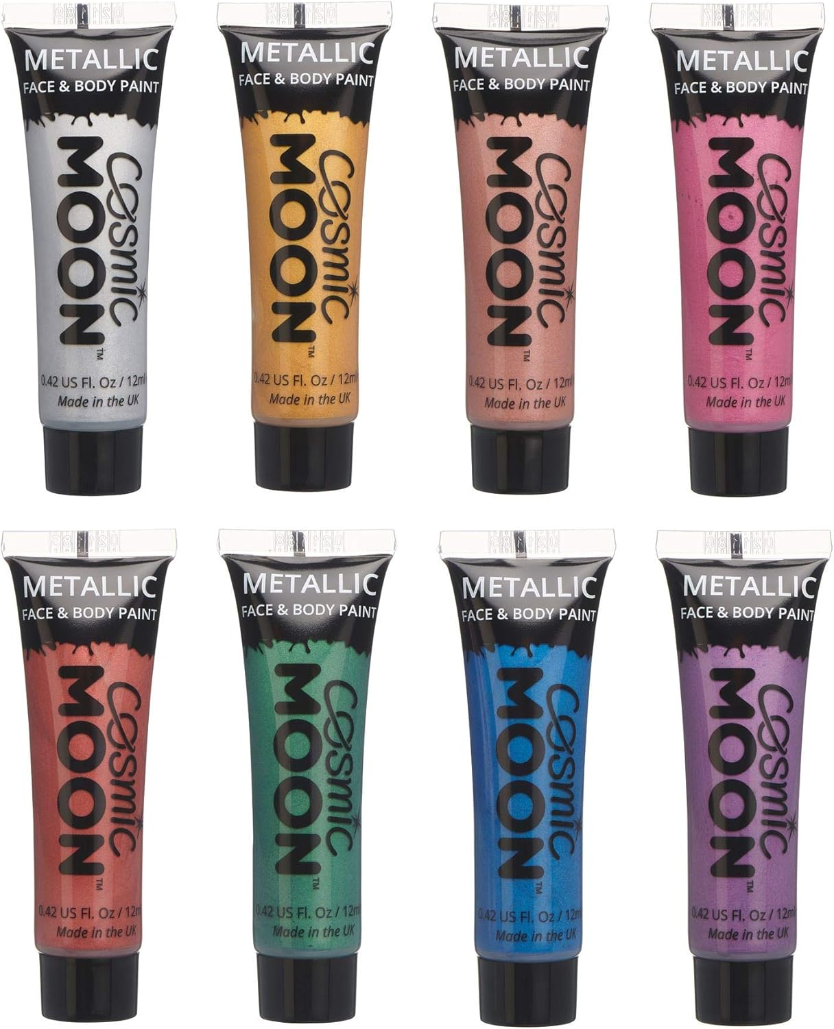 Face & Body Metallic Paint by Cosmic Moon - Water Based Face Paint Makeup for Adults Kids - 12ml (Set of 8)