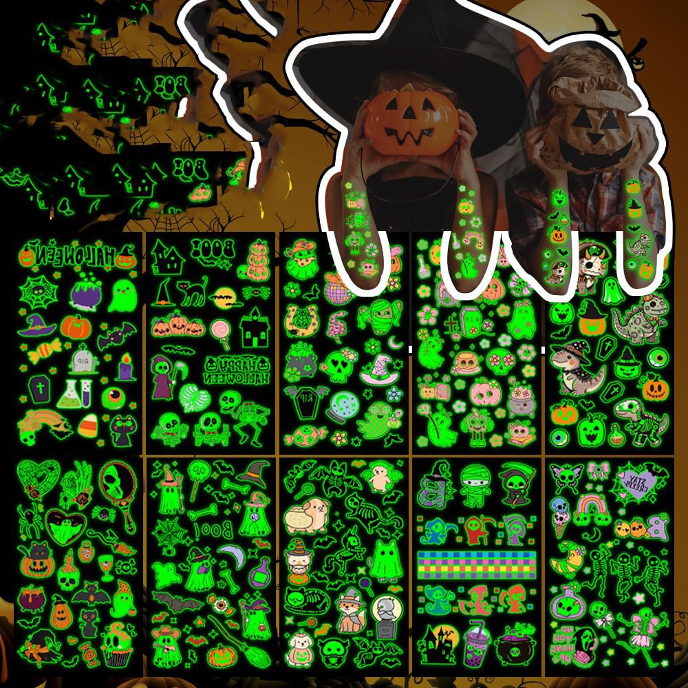 Photo 1 of 10 Sheets Halloween Party Tattoos Temporary Decorations Glow in The Dark Luminous Face Body Waterproof Temporary Tattoos Stickers Skeleton Pumpkin Bat and Ghost Halloween Tattoo Stickers