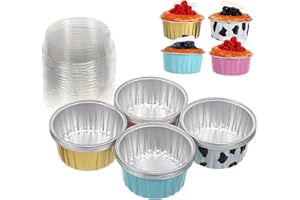 LOORGVEL 20Pcs Multi Color Aluminum Foil Pudding Cups with Lids Multi Function Baking Molds for Cheesecake
