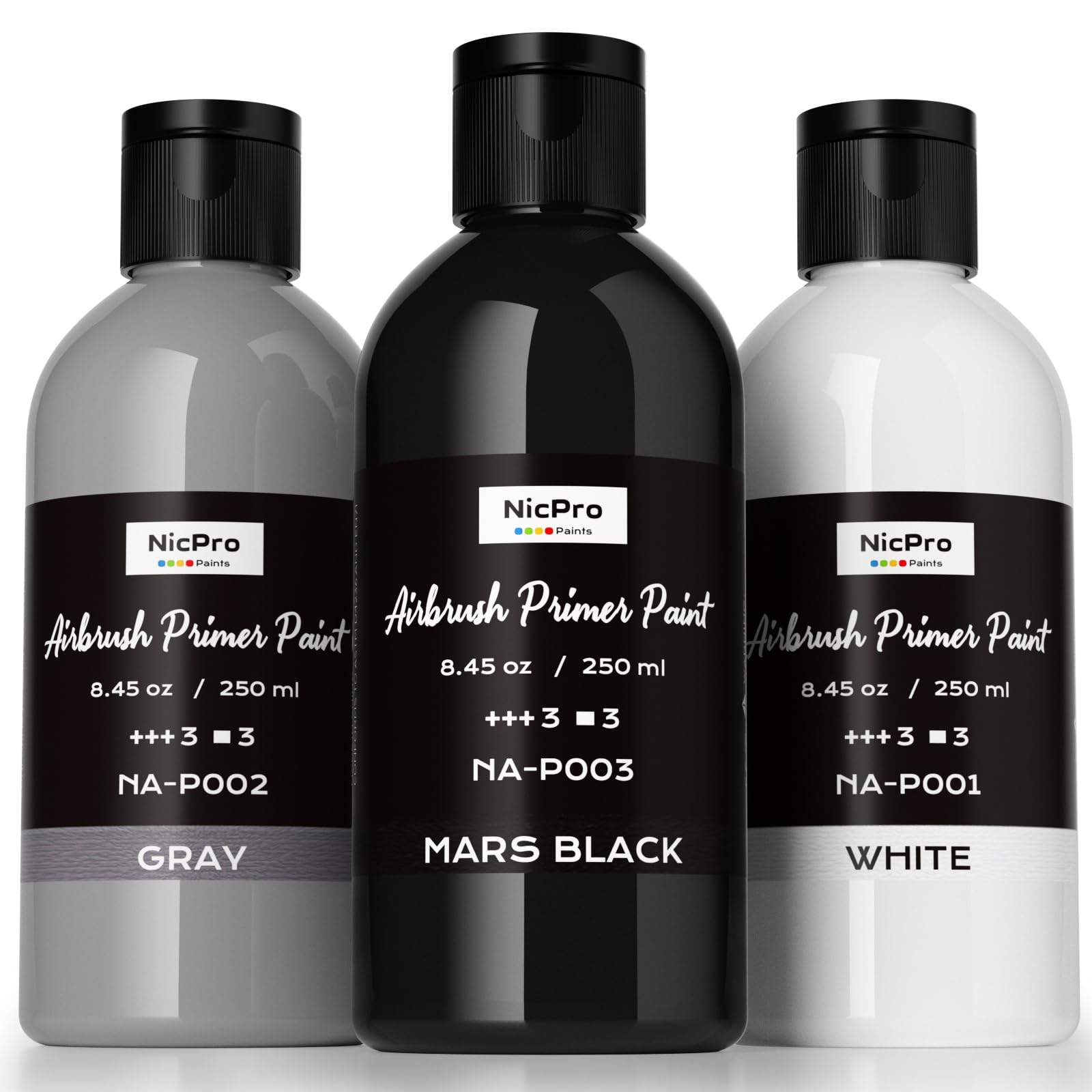 Photo 1 of Nicpro Black, Gray, White Surface Primer Airbrush Paint (8.4oz, 250 ml), Matte Finish, Ready To Spray Air Brush Acrylic Primer for Beginners & Artists Priming Plastic Models, Miniature Figures, Craft