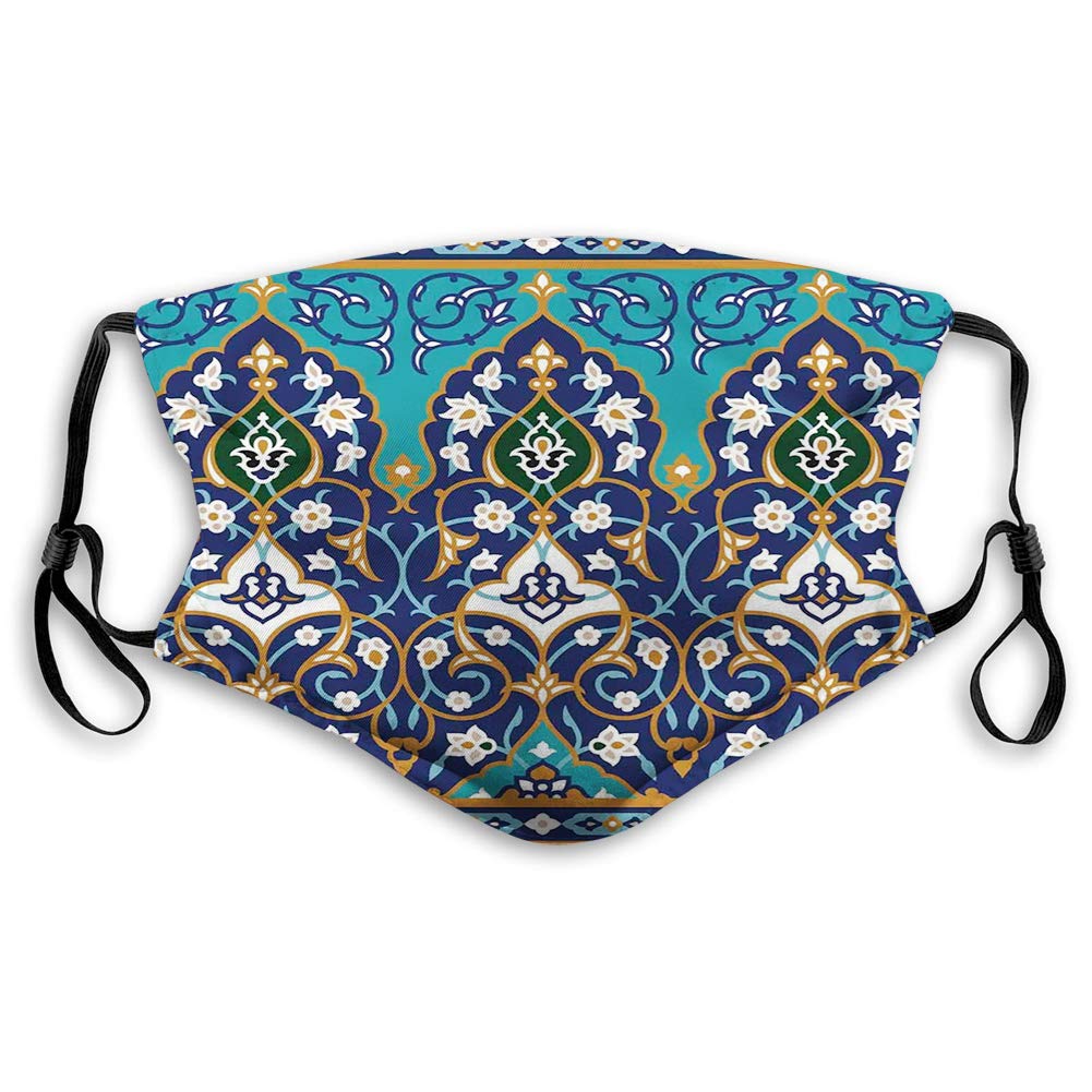 Comfortable Printed mask,Moroccan, Ottoman Folkloric Art Inspired Abstract Aged Middle Age Renaissance Print, Navy Blue,Windproof Facial decorations for Adults Size：M