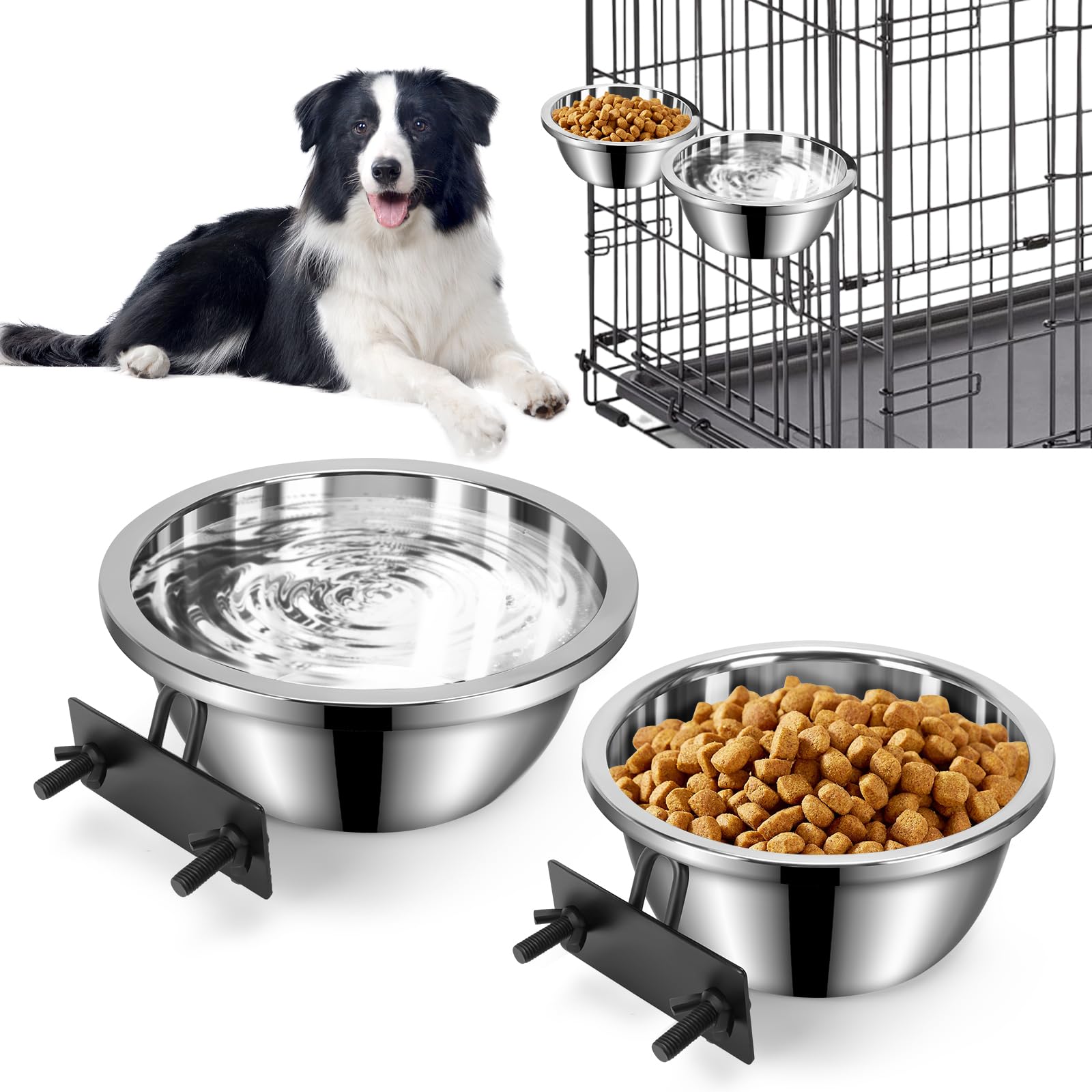 Photo 1 of Dog Crate Bowls Hanging No Spill, 2 Pack 47oz & 56oz Crate Water Bowl Stainless Steel Kennel Food Bowl Water Dispenser Set Mountable Cage Accessories Metal Feeder Dish Coop Cup for Large & Medium Pet