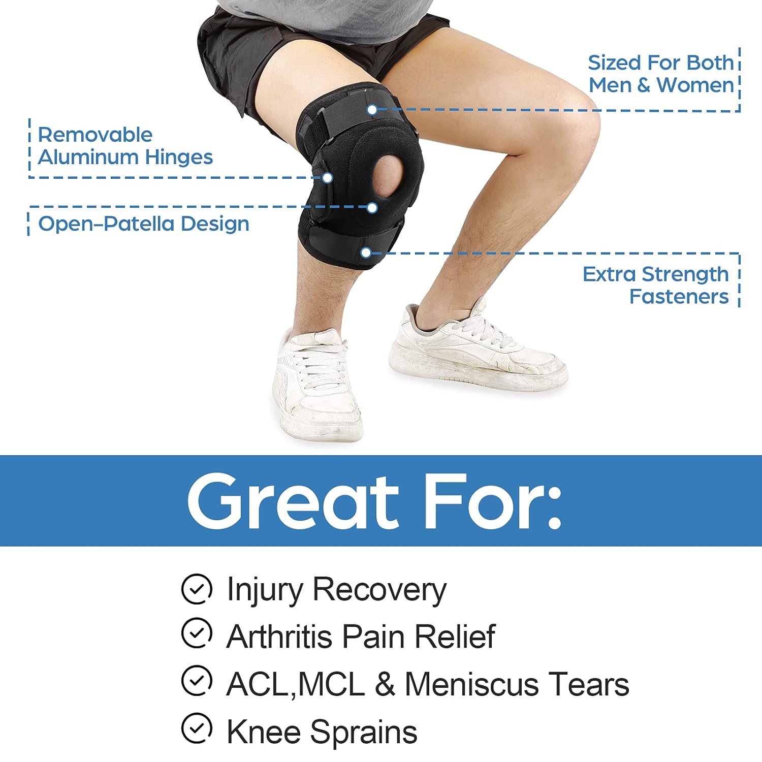 NEENCA Hinged Knee Brace, Adjustable Compression Knee Support Brace for Men & Women, Open Patella Knee Wrap for Knee Pain, Swollen,Meniscus Tear,ACL,PCL,MCL,Joint Pain Relief, Injury Recovery. ACE-56: Industrial & Scientific