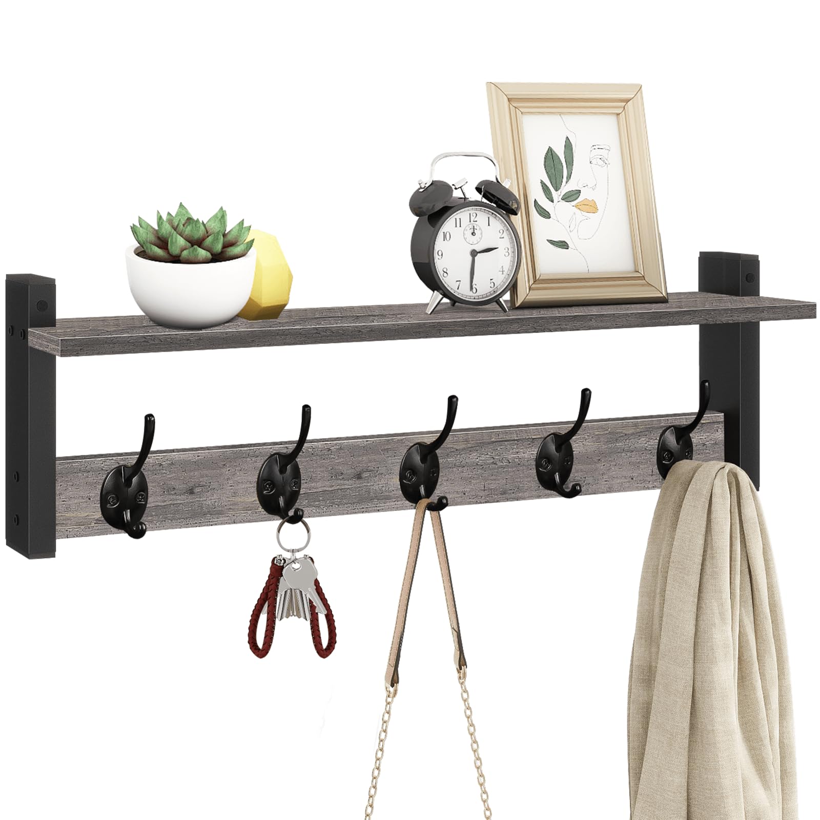 Homode Wall Hooks With Shelf, 24 Inch Coat Rack Wall Mount for Entryway, Clothes, Backpack, Key, Purse - Floating Shelf Hanging in Bathroom, Bedroom, Hallway, Rustic Grey