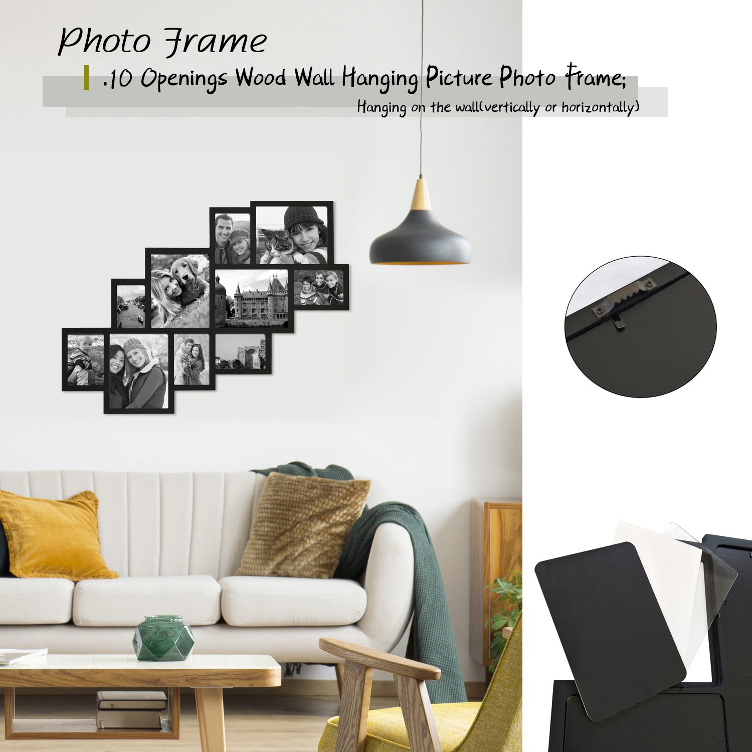 Adeco 10 Openings Decorative Black Wood Wall Hanging Print Picture