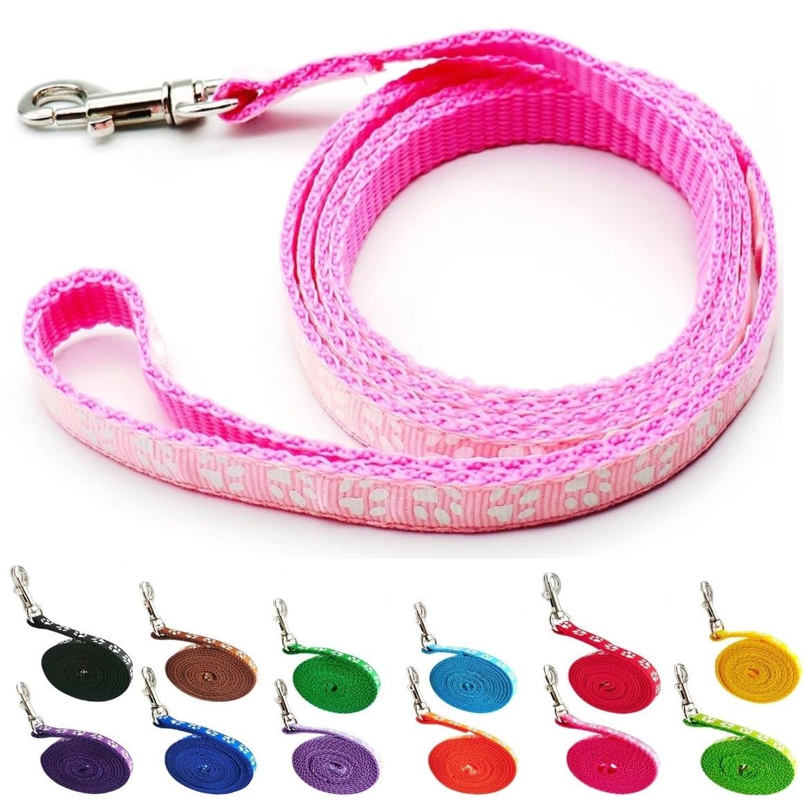 Small Dog Puppy Pet Cat Kitten Lead Pawprint Design Lightweight Nylon Metal Clip 120cm Leash Light Pink