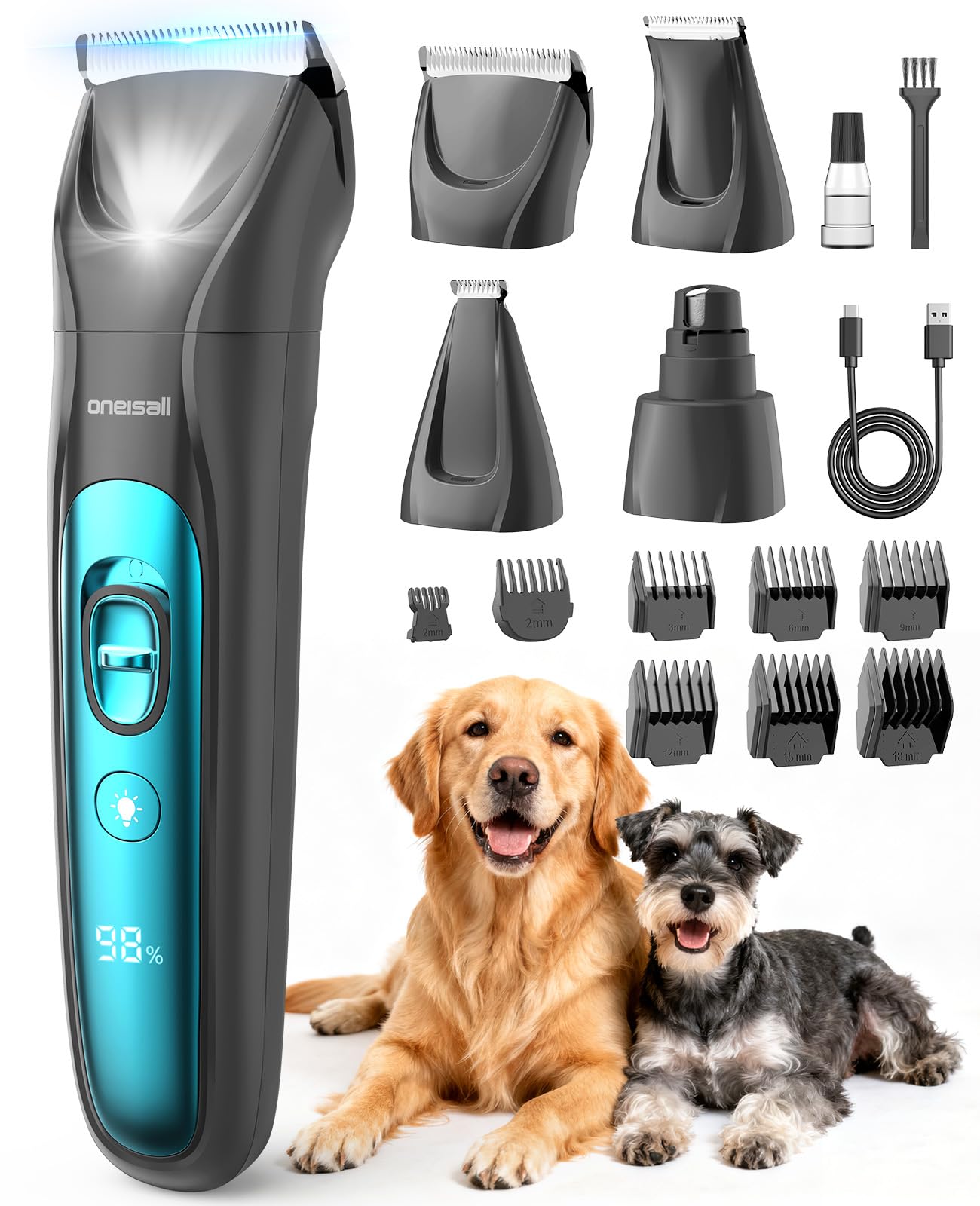 Photo 1 of oneisall Quiet Dog Clippers for Grooming LED Light, Cordless Dog Grooming Kit 4 in 1, 2000mAh Pet Clippers Paw Trimmer Nail Grinder for Paw, Nail, Face, Ears, Legs, Body