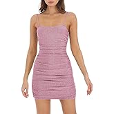 Misng Women Shimmer Ruched Dress Sexy Glitter Spaghetti Strap Mini Bodycon Party Dress Cocktail Dresses