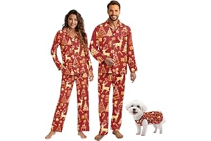 Xnshcedy Couples and Dog Matching Pajamas Christmas Family Pajamas Matching Sets Soft Button Down Pjs Pockets Christmas Comfy