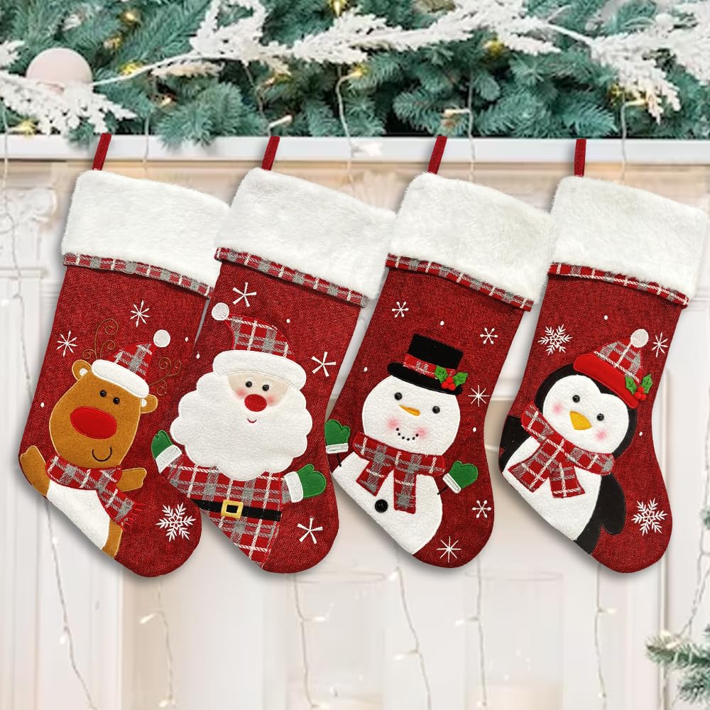 Photo 1 of Hying 4 Pieces Large Christmas Stockings Xmas Santa Snowman Stockings Winter Stocking Decorations Red Velvet Stockings for Home Hanging Ornaments Christmas Party Favor