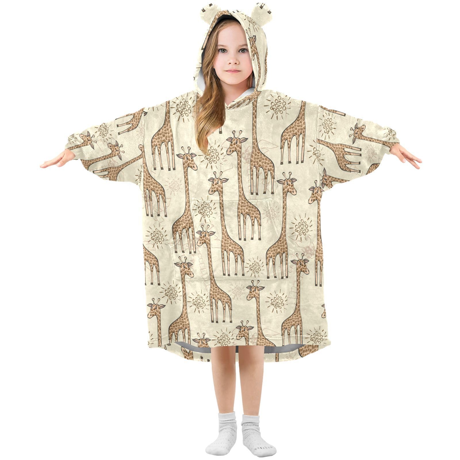 Oversized Blanket Hoodie for Kids Adult Girls Boys, Fleece Hoodie Blanket Animal Cute Giraffe Super Warm Plush Wearable Blanket Hoodie Sweatshirt with Roomy Pocket, Large