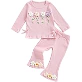 POZMTIORE Toddler Girl 2Pcs Set Fall Outfits Crochet Flower Long Sleeve Round Neck Knit Tops + Elastic Waist Flared Pants