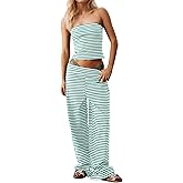 MISSACTIVER Women Two Piece Sets Striped Matching Outfits Strapless Crop Tube Top and Elastic Waist Wide Leg Pants Set